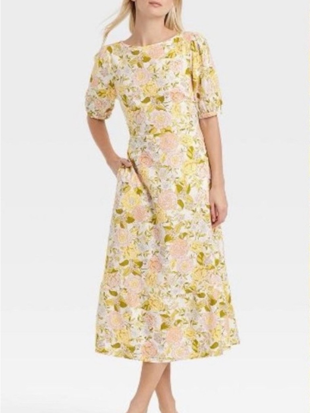 Who What Wear Floral Puff-Sleeve Midi Dress in Pink and Olive
